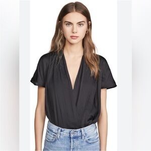 Paige Dijon Satin Short Sleeve Faux Wrap top Black Size Medium